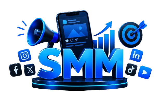 SMM graphic with megaphone, smartphone and social media icons