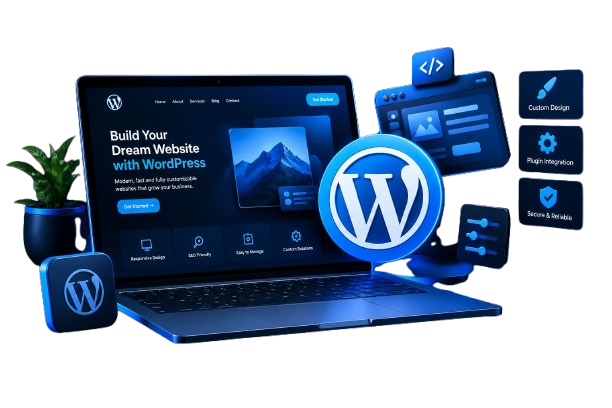 WordPress website on a laptop surrounded by design and code icons