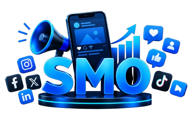 SMO graphic with megaphone, smartphone and social media icons